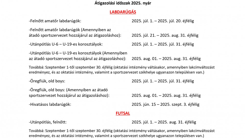 Átigazolási tájékoztató 2025 - Nyár